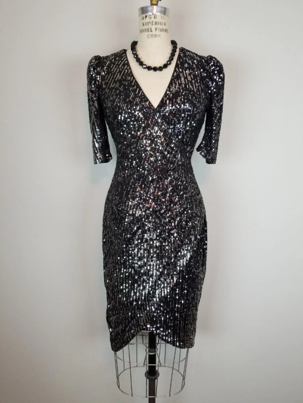 Calvin Klein Black & Silver Sequin Faux Wrap Puff Sleeve Cocktail Dress